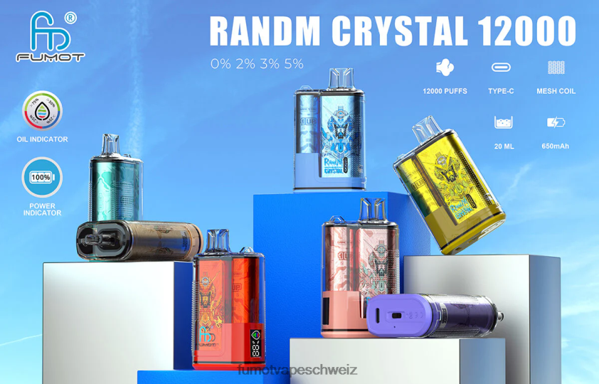 Fumot Crystal 20 ml 12000 Einweg-Vape-Box (1 Stück) X464JP282 | Fumot Vape Schweiz Erdbeerroter Bulle