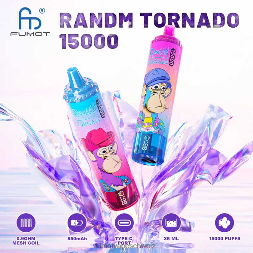 Fumot Tornado 15000 Einweg-Vaporizer – 25 ml (1 Stück) X464JP178 | Fumot Vape Flavours Pfirsich-Blaubeer-Bonbons